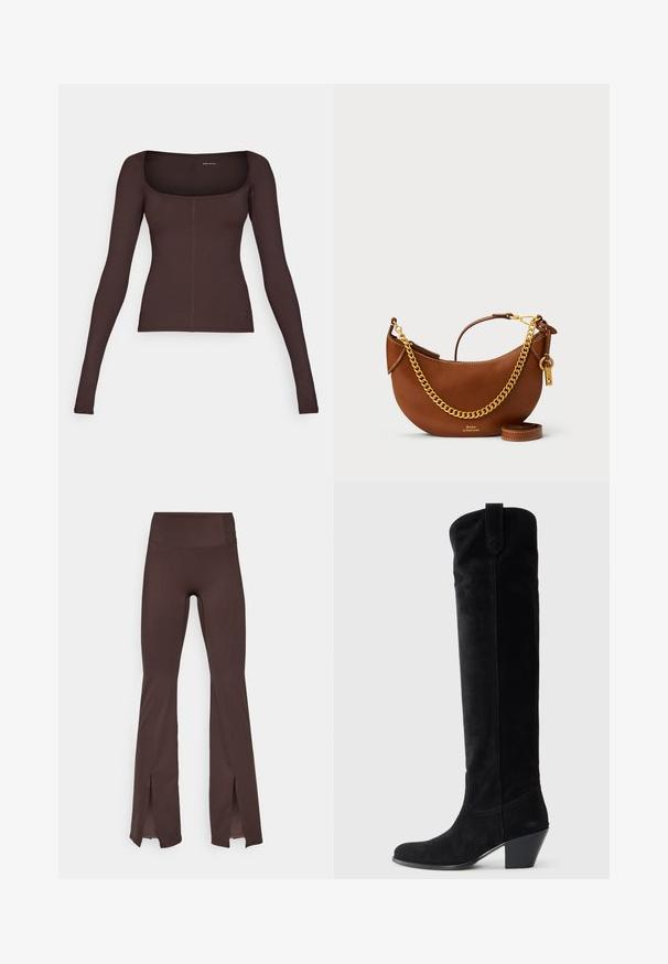 Hnědý top s dlouhým rukávem a čtvercovým výstřihem, vyrobený z úpletu. Má přiléhavý siluetu a jemné švy.; Hnědé zvonové legíny z měkké tkaniny s vysokým pasem a bočními rozparky na lemu. Obsahují ploché švy pro hladké nošení.; Černé semišové vysoké boty po kolena s zužujícím se čtvercovým podpatkem. Hladký povrch, zaoblená špička a ozdobné prošívání podél svršku.; Hnědá kožená kabelka s zakřiveným designem, zlatým řetízkem, vnitřní kapsou a odnímatelným ramenním popruhem. Obsahuje kontrastní prošívání.