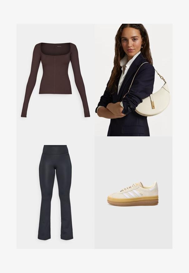 Pruunid pikad varrukad ülikond, ruudukujulise kaelusega, mis on valmistatud ribakudumist. Omab figuuri järgivat siluetti ja peeneid õmbluse detaile.; Mustad flared retuusid, mis on valmistatud sujuvast ja venivast kangast. Neil on kõrge vöökoht ja külgmised lõhed allääres, mis lisavad detaili.; Beežist seemisnahast vabaajajalats kolmete valge triibuga, tekstuurse beežika tallaga ja kuldse logoga. Omadusteks on ümar ninaosa ja pehme polsterdatud kaelus.; Valge nahast käekott kumerate kujunditega, kuldsete detailide ja tekstuuriga viimistlusega, kanda tumesinise bleiseri ja valge särgiga.