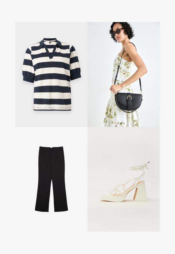 Raidallinen puuvillapolo-paita, jossa on valkoisia ja tummansiniä vaaka-rajoja, lyhyet puff-hihat, V-kaulus ja ribbattu kaulus.; Mustat housut suoralinjaisella leikkauksella, joissa on etutaskut ja sivurei'ät helman alla. Valmistettu pehmeästä ja sileästä kankaasta. Sopii eri tilaisuuksiin.; Valkoinen korkokenkä, jossa on paksu korko, ja joka sisältää nauhakiinnityksen ja nilkkaketjun. Sujuva pinta, jossa on platform-etupohja lisäkorkeutta varten.; Musta nahkainen käsilaukku, joka on kaareva muotoilultaan, irrotettavalla hihnalla ja kultaisilla yksityiskohdilla. Laukussa on läppä, jossa on solk yksityiskohta.