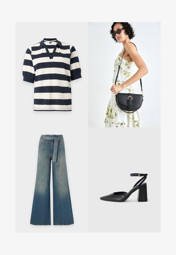 Stripet bomull polo skjorte med hvite og marineblå horisontale striper, korte puff ermer, V-hals og ribbet krage.; Bredde ben jeans med en lyseblå til mørkeblå gradient, høyt liv, beltehemper og et matchende belte i samme stoff. Teksturert denimoverflate.; Svart lær pumps med spiss tå, ankelrem og kraftig hæl. Flat tekstur, strømlinjeformet design og minimalisme.; Svart lærveske med en buet form, avtagbar stropp og gullbeslag. Vesken har et klaff med spenne-detall.