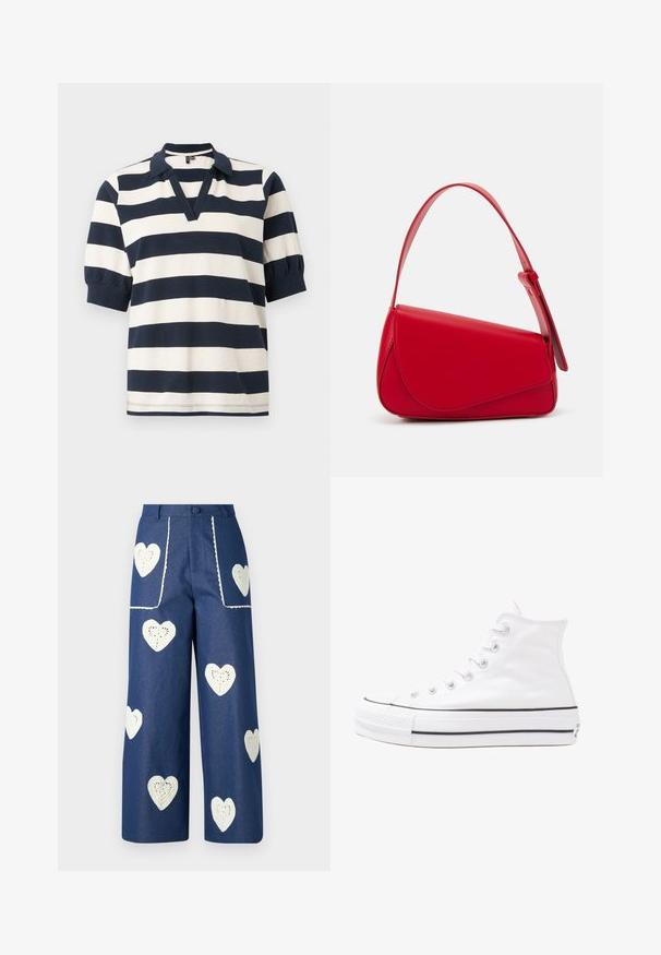 Polo de algodão riscado com riscas horizontais em branco e azul marinho, mangas curtas em forma de balão, decote em V e gola canelada.; Sister Jane HEART TO HEART - Calças de ganga de perna direita - blue denim; Sapatilha alta de tela branca com sola de borracha preta, bico de borracha na frente e seis ilhós para os atacadores, apresentando um design limpo e minimalista.; Bolsa de mão em couro vermelho com um design angular e geométrico. Apresenta uma única alça ajustável e um fecho com aba, com detalhes cosidos.