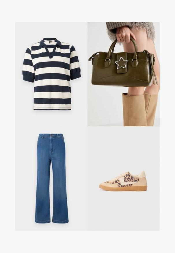 Ribakujuline puuvillane polo särk, millel on valged ja tumesinised horisontaalsed triibud, lühikesed puffvarrukad, V-kaelus ja soonikkoes krae.; Lai sinised teksapüksid kõrge vöökohtadega, millel on nööbiga sulgemine, viis taskut ja nagu kulunud tekstuur.; Leopardi mustriga tossud, millel on beež sueded ülemine osa, pruuni kummist põhi ja valged aktsendid. Ümar nina ja lipsukujundus, millel on tekstureeritud viimistlus.; Oliivroheline kunstnahast käekott koos hõbedase tähe aktsendiga, kahe käepideme ja luku sulgemisega. Tekstuuriga pind ja struktureeritud kuju.