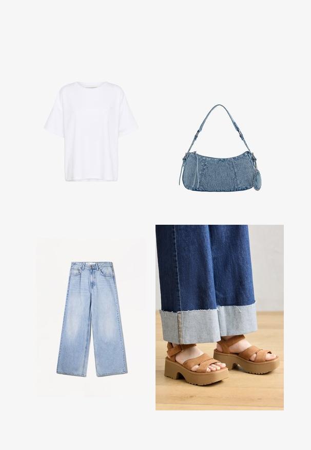 Witte katoen T-shirt met een ontspannen pasvorm, ronde hals en korte mouwen. Heeft een klein logo aan de linkerkant van de voorkant. Glad textuur.; Bershka WIDE-LEG - Wide leg - light-blue denim; Bruine suède platform sandalen met dubbele banden, met een gestructureerde zool en een dikke, gevormde hak. Gemaakt in combinatie met denim broeken.; Denim handtas met een gebogen vorm, lichtblauwe kleur, verstelbare schouderriem en een kleine afneembare pouch met metallic accenten.