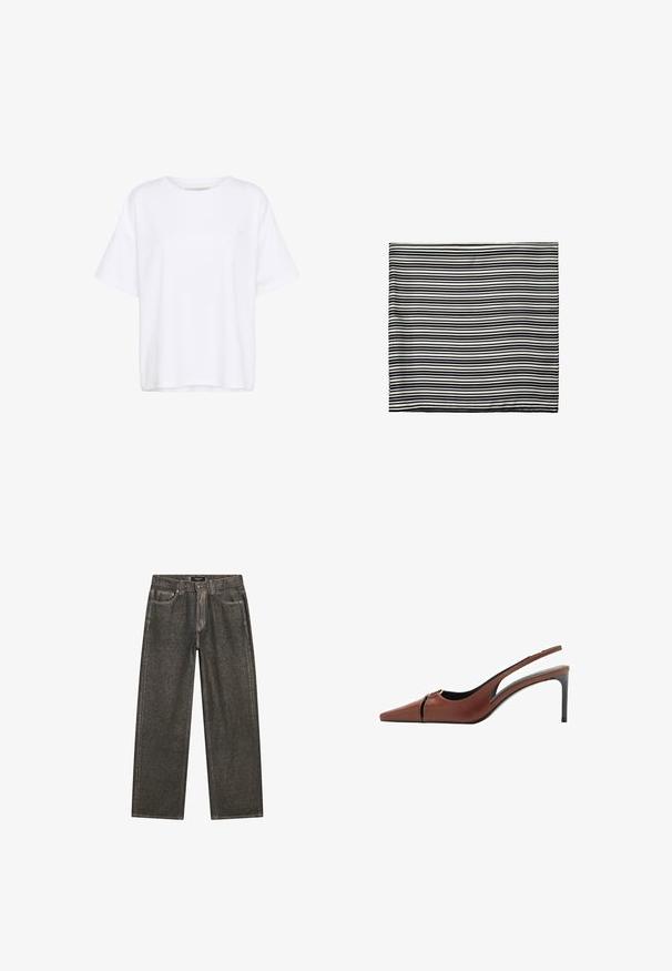 Bílý bavlněný tričko s volným střihem, kulatým výstřihem a krátkým rukávem. Na přední levé straně se nachází malé logo. Hladká textura.; Tmavě šedé široké džíny vyrobené z denimu, se klasickým pětipocketovým designem, pevným šitím a zipem s knoflíkovým zapínáním.; Hnědá kožená slingback obuv na podpatku s špičatou špičkou, výřezem na nártu a elegantním stiletto podpatkem. Hladká textura.; Černobílý pruhovaný šátek, vyrobený z lehké tkaniny. Obdélníkový tvar s rovnoměrně střídajícími se pruhy různých šířek. Měkká textura.; Hnědá pletená kabela ve tvaru kyblíku se hladkým koženým dnem, horním držadlem a nastavitelného ramenního popruhu. Obsahuje zlaté hardwarové akcenty.