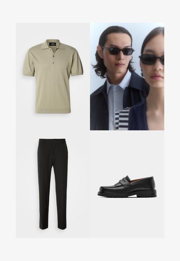 Pánská polokošile s krátkým rukávem v barvě světlé olivové, vyrobená z pletené látky, s plochým límečkem, tříknoflíkovou légou a žebrovaným lemem.; Černé kalhoty vyrobené z hladkého materiálu, s rovnými nohavicemi, zapínáním na knoflík a klasickým designem vhodným pro formální i neformální nošení.; Černé kožené mokasíny mají zvýšený šev, dvě dekorativní pásky na svršku a silnou strukturovanou podrážku pro lepší přilnavost.; Černé sluneční brýle s ostrými obrysy nosí muž a žena. Muž má na sobě modro-bíle pruhovanou košili pod tmavým sakem; žena má na sobě tmavý, vzorovaný top.