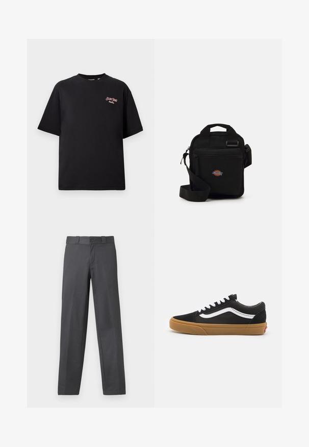 Čierne bavlnené tričko s voľným strihom, krátkymi rukávmi a červeným vyšitým logom na ľavej strane hrudníka. Hladká textúra, dizajn s okrúhlym výstrihom.; Sivé nohavice vyrobené z hladkej tkaniny, s rovnými nohavicami, zapínaním na gombík a pútkami na opasok; s minimálnymi švami a bez vzorov.; Čierne semišové tenisky s bielym bočným pruhom, bielymi šnúrkami a gumovou podrážkou. Klasický nízky dizajn s textúrovanými akcentmi a okrúhlou špičkou.; Čierna crossbody taška s našitým zipsovým vreckom, obdĺžnikový tvar, vyrobená z textílie, s logom na prednej strane, nastaviteľný ramenný popruh.