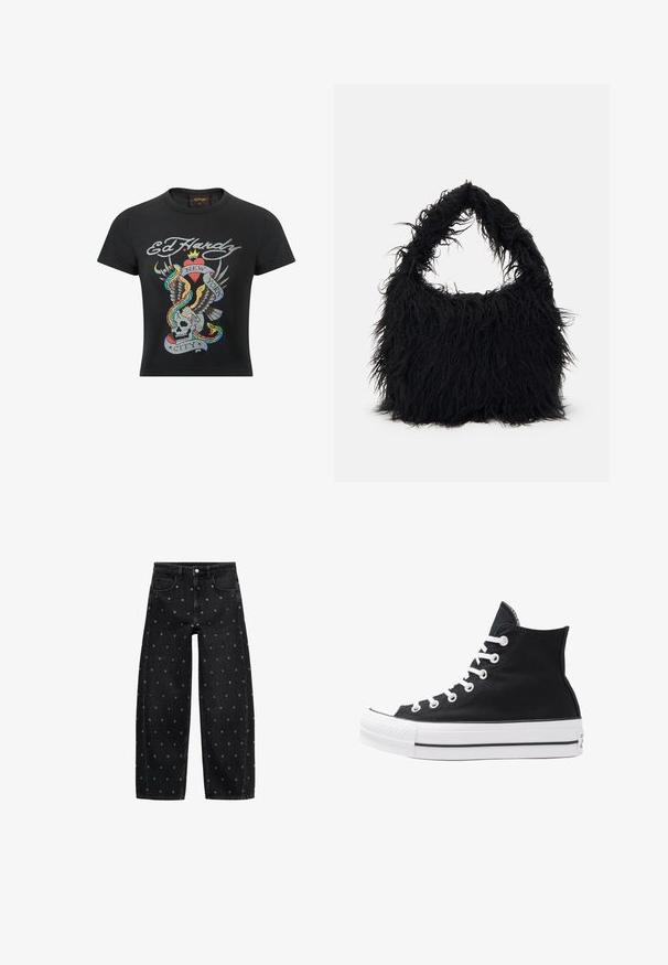 Schwarzes Baumwoll-T-Shirt mit einem bunten grafischen Design, das einen Schädel, einen Adler, ein Herz und Schlangen zeigt, beschriftet mit "Ed Hardy New York City".; Weißes, kürzer geschnittenes Blusenshirt mit gepufften kurzen Ärmeln und elastischem, gerafftem Ausschnitt, Bund und Ärmelsäumen.; Schwarze Jeans mit weitem Bein aus Denim, verziert mit einem Muster aus kleinen silbernen Ösen, klassischem Fünf-Taschen-Design und Knopfverschluss vorne.; Schwarze High-Top-Canvas-Sneaker mit weißen Ösen, Schnürsenkeln und Gummisohle. Verfügt über eine strukturierte Zehenkappe und schwarz-weiße Streifenakzente.; Even&Odd Shopping Bag - black