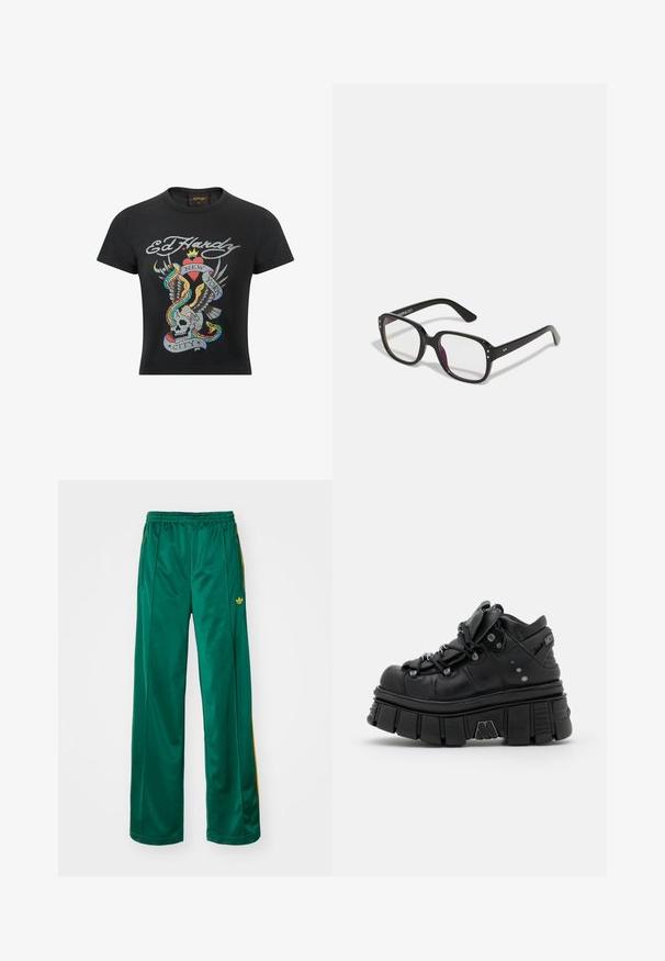Svart bomull t-shirt med en färgglad grafisk design innehållande ett skalle, örn, hjärta och ormar, märkt "Ed Hardy New York City."; Gröna satinpants med avslappnad passform, med gula randdetaljer och en broderad logotyp på vänster sida. Elastisk midja.; Svarta chunkiga plattformssneakers med rund tå, texturerad läderövre, vadderad tunga och metalliska detaljer; tjock såldesign med ruggad yta.; Svarta rektangulära glasögon med klara linser, med rundade kanter och sidodetaljer, med en blank yta på bågarna och armarna.