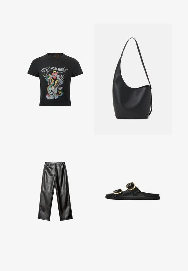 Czarna bawełniana koszulka z kolorowym nadrukiem przedstawiającym czaszkę, orła, serce i węże, oznaczona napisem „Ed Hardy Nowy Jork”.; Czarne skórzane spodnie typu wide-leg o gładkiej fakturze, zaprojektowane w pięć kieszeni oraz z przeszyciami wzdłuż nóg i pasa.; Czarne klapki z dwoma złotymi klamrami, gładki materiał, płaska podeszwa i minimalistyczny design.; Czarna skórzana torba hobo o gładkiej fakturze, zaokrąglonym kształcie i pojedynczym, regulowanym pasku; posiada szerokie otwarcie na górze.