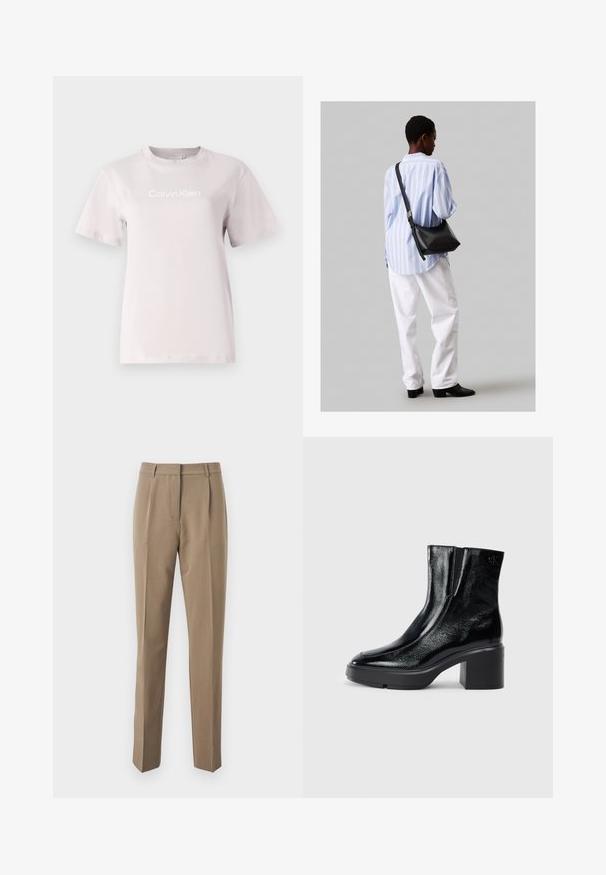 Gaiši rozā kokvilnas T-krekls ar apaļu dekoltē un īsām piedurknēm. Priekšpusē balts uzraksts "Calvin Klein". Gluda tekstūra.; Brūni piegrieztie bikses, kas izgatavotas no gludas auduma, ar taisnu kāju dizainu, priekšējiem ielocījumiem un jostasvietu ar jostām.; Melnas lakotas ādas potītes zābaki ar izliekto purngalu, elastīgām sānu paneļiem un masīvu blokveida papēdi. Aizmugurē ir izsistā logo.; Melna ādas plecu soma ar mīkstu tekstūru, trīsstūra formu un regulējamu siksnu, apvienota ar gaiši zilu svītrotu krekli un baltām biksēm.