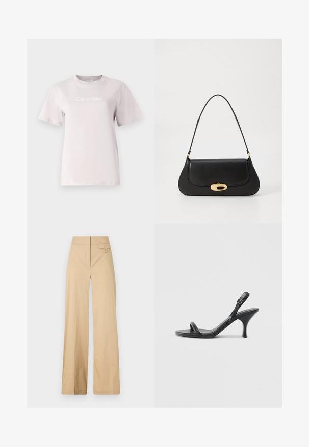 Tricou din bumbac roz deschis, cu guler rotund și mâneci scurte. Are inscripția "Calvin Klein" în alb pe față. Textură netedă.; Pantaloni bej cu croi larg, dintr-un amestec de bumbac. Au o textură netedă, talie elastică și un detaliu cu buton lateral.; Sandale cu toc înalt din piele neagră, cu un toc subțire și curbat și un design cu curea încrucișată. Curea la gleznă ajustabilă. Textură netedă.; Geantă de mână din piele neagră, cu un design curbat, accesorii de culoare aurie și un mâner de sus. Dispune de o închidere elegantă și o textură netedă.