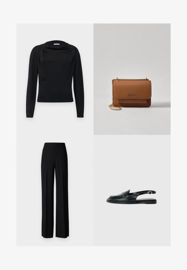 Mustade pikka varrukaga tops, millel on vooderdatud kaelus ja läbinähtav siluett, valmistatud pehmest elastseks kangast. Sile tekstuur ja minimalistik disain.; Mustad laiad püksid mustas värvitoonis, sujuva tekstuuri ja kõrge vöökoha ning keskmiste voldikutega. Ilma nähtavate mustrite või tarvikute detailideta.; Must hirmav Nahast slingback king, millel on ümar varvas, tasane tald, külgvelle lõhe ja riba, millel on kuldne detail.; Pruun tekstureeritud nahk ristkeha kott kuldse ahelaga rihmaga ja klapiga sulgemine. Esiküljel on logo detail ja tasku klapi all.