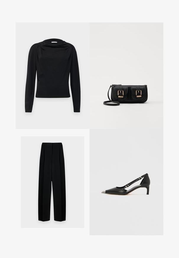 Black long-sleeve top with a draped neckline and fitted silhouette, made from soft stretch fabric. Smooth texture and minimalistic design.; Black wide-leg trousers with a high waist, featuring pleats and a smooth texture. The fabric appears lightweight and drapes elegantly.; Black leather kitten heel with pointed silver toe cap and dual buckle straps on a white background.; Black leather crossbody bag with two front pockets, gold buckles, zipper closure, and a slim strap. Textured surface and compact rectangular shape.