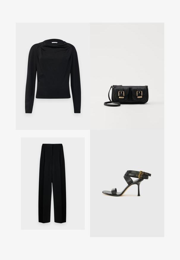 Svart långärmad top med draperad halsringning och figurnära silhuett, tillverkad av mjukt stretchmaterial. Slät textur och minimalisk design.; Svarta vida byxor med hög midja, med veck och en slät textur. Tyget ser lätt ut och hänger elegant.; Svart klack-sandal med korsade remmar och justerbar spänne. Har en slät textur och en taperad stilettklack.; Svart läderaxelväska med två framfickor, guldspännen, dragkedjestängning och en smal rem. Texturerad yta och kompakt rektangulär form.