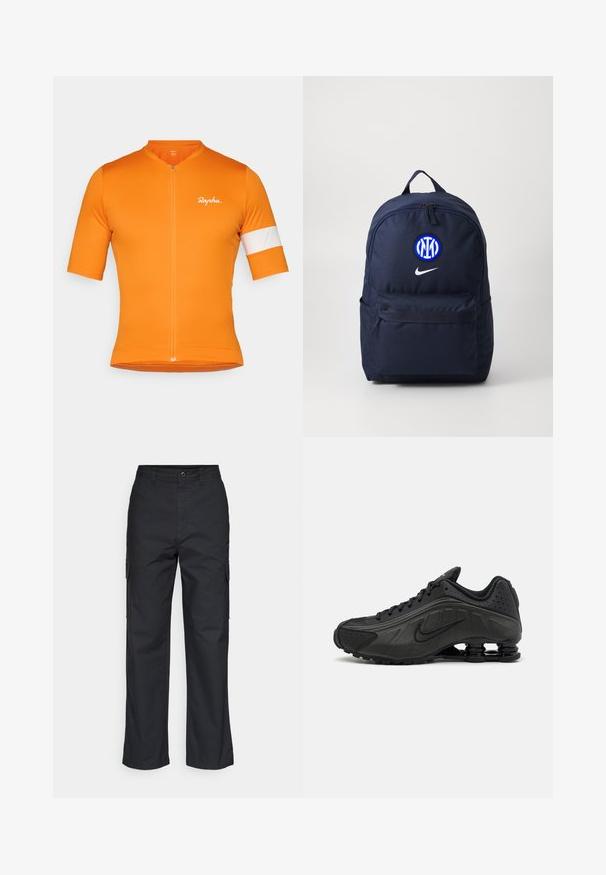 Trumpas rankovėmis dviratininkų džersis šviesiai oranžinės spalvos audinys su priekiniais užtrauktukais, turi baltą juostą kairėje rankovėje ir subtilų logotipo detalę.; Juodos krovinių kelnės su tiesiais įpjovimais, turinčios šonines kišenes ir tekstūruotą audinį. Mygtukų uždarymas juosmens srityje, kad būtų tvirtas prilaikymas.; Juodi bėgimo bateliai su lygiu sintetiniu paviršiumi, perforuotomis detalėmis, tekstūruotais šonų skydeliais ir išskirtiniu elastingu padu.; Tamsiai mėlyna kuprinė su apvalia viršutine dalimi, priekiniame dizaine su užtrauktuko kišene, Nike logotipu ir apskrita mėlynos ir baltos spalvos komandos emblema.