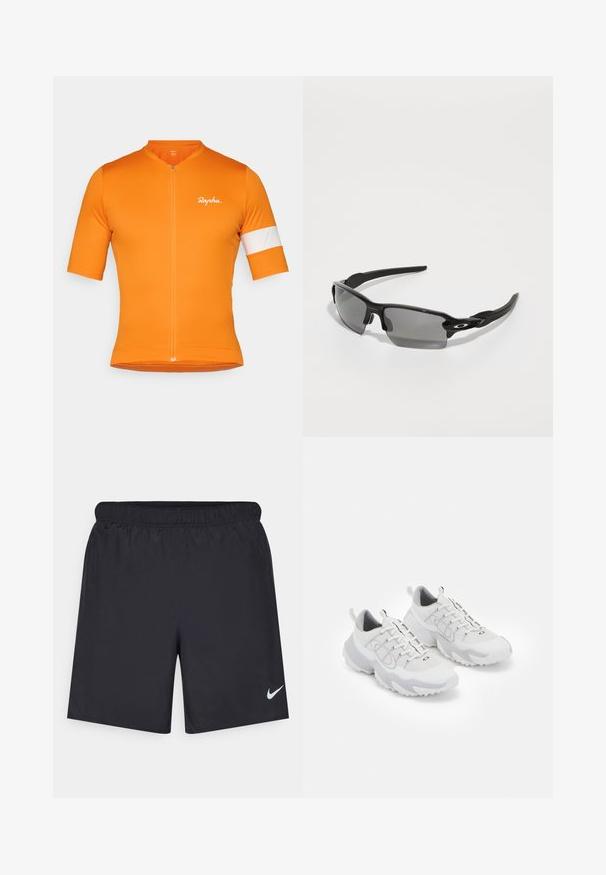 Kratke rukave kolesarska majica v svetlo oranžni tkanini s sprednjim zadrgo, z belo črto na levem rokavu in subtilnim logom.; Črne atletske kratke hlače iz lahkotnega materiala z elastičnim pasom. Imajo majhen bel Nike logo na spodnji levi strani.; Bela športna obutev z mrežasto zgornjim delom, sivo obrobje, teksturiran gumijast podplat in zankami na peti; vključuje vezalni dizajn.; Črne športne sončne očala z sivimi lečami, zasnovo ukrivljenega okvirja in podrobnostmi logotipa na strani. Narejena iz lahkega plastičnega materiala.