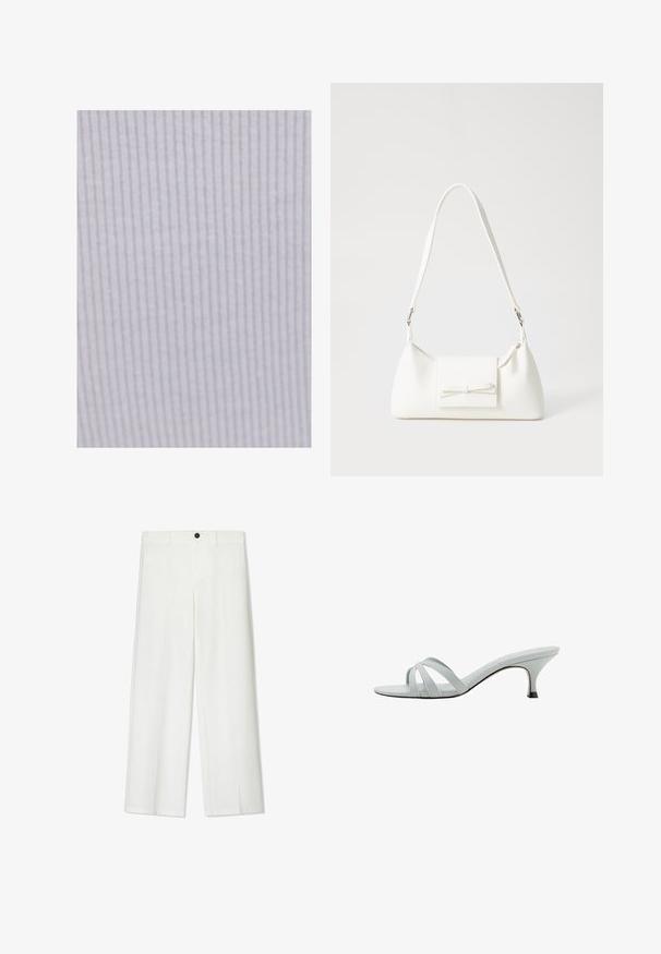 Lichtpaarse stof met dunne verticale strepen. De textuur is zacht en glad, geschikt voor kleding of bekledingsdoeleinden.; Witte, wijde broek met een gladde textuur, voorzien van een sluiting met een knoop aan de voorkant en riemlussen, ontworpen voor een relaxte pasvorm.; Lichtgrijze hakken met drie kruislings geplaatste banden, een slank profiel en een taps toelopende hak. Gladde textuur met een lichtglanzende afwerking.; Witte synthetische handtas met een driehoekige vorm, platte voorklep en strikdetail, verstelbare schouderriem, gladde textuur en minimalistisch ontwerp.
