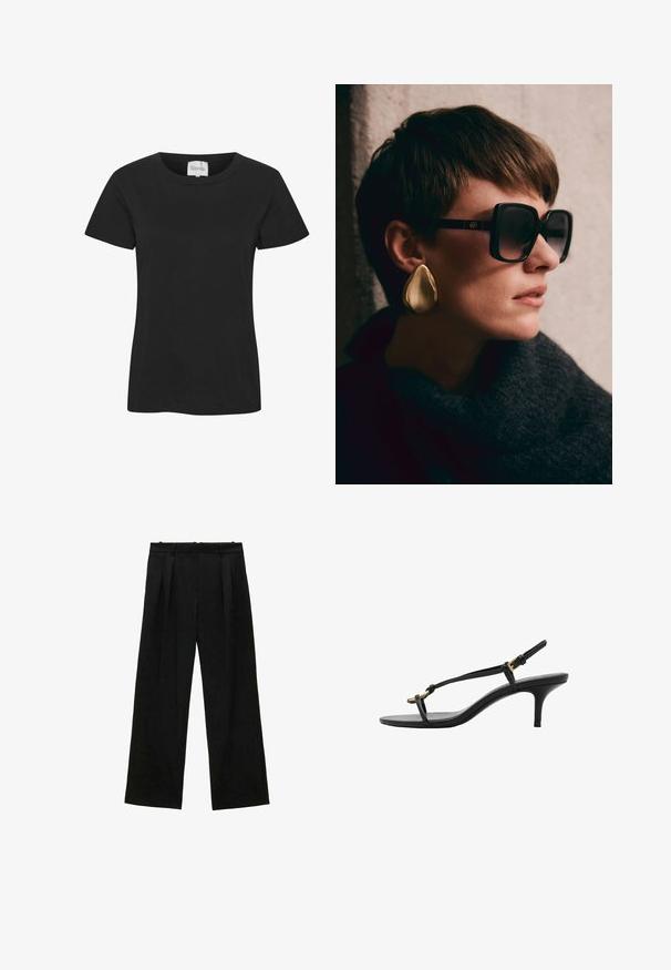 Crna pamučna majica s okruglim izrezom, kratkim rukavima i ravnim donjim rubom. Tkanina ima glatku teksturu, bez vidljivih uzoraka ili akcenta.; Crne široke hlače s plisama, s glatkom teksturom i visokim strukom. Minimalistički stil, bez vidljivih metalnih dijelova ili ukrasa.; Crne kožne sandale s kitten heel potpeticama, tankim trakama, zlatnom kopčom i minimalističkom petom za prste, na bijeloj pozadini.; Crne oversized sunčane naočale s tamnim lećama i zlatnim detaljima, uparenih s velikom, sjajnom zlatnom naušnicom u obliku suze. Tamni teksturirani šal.