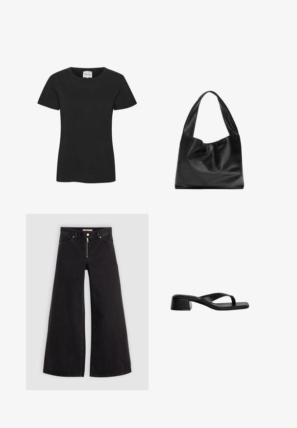 T-shirt di cotone nero con scollo rotondo, maniche corte e orlo dritto. Il tessuto ha una consistenza liscia, senza motivi o dettagli visibili.; Jeans a gamba larga in denim nero con chiusura a zip, design a cinque tasche e dettagli di cucitura sottili. Texture morbida e stile casual.; Le sandali con tacco in pelle nera presentano un design a fascia, punta quadrata e un tacco basso a blocco. Texture liscia con uno stile minimalista.; Borsa tote in pelle nera con un design morbido e floscio, manici larghi e una texture liscia. Nessun hardware o decorazione visibile.