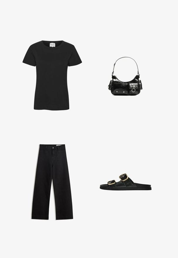 Fekete pamut póló kerek nyakkivágással, rövid ujjakkal és egyenes szegéllyel. Az anyag sima tapintású, nincs rajta látható minta vagy díszítés.; Fekete, bő szabású farmernadrág magas derékkal, elülső és hátsó zsebekkel, varrott felületekkel és gombos záródással. Sima textúra.; Fekete csúszó szandál, két arany csattal, sima textúrájú anyagból, lapos talppal és minimalista dizájnnal.; Fekete lakkbőr kézitáska ívelt formával, egy vállpánttal, elülső zsebekkel és ezüstszínű fémrészletekkel.