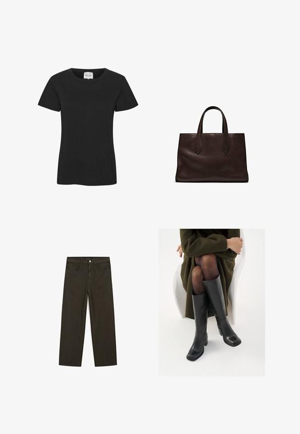 Czarna bawełniana koszulka z okrągłym dekoltem, krótkimi rękawami i prostym dołem. Materiał ma gładką fakturę, bez widocznych wzorów czy akcentów.; Ciemnozielone spodnie dżinsowe typu wide-leg wykonane z mieszanki bawełny, z zamkiem na guzik z przodu, pięcioma kieszeniami i klasycznym przeszyciem dżinsowym.; Kozaki skórzane do kolan w kolorze czarnym, z kwadratowym noskiem i słupkowym obcasem, pokazane na modelce siedzącej w oliwkowej zielonej kurtce. Gładka tekstura, minimalne detale.; Brązowa skórzana torba tote z dwoma wydłużonymi uchwytami, usztywnionym prostokątnym kształtem, gładką teksturą i subtelnymi detalami przeszycia.