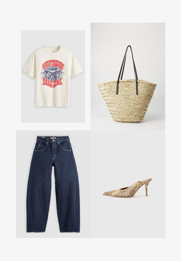 Cream-colored cotton t-shirt featuring a large blue and red graphic with text "GOOD THINGS TAKE TIME" and a butterfly design.; Dark blue denim jeans with a loose fit, light stitching, five pockets, and a button closure at the waistband.; Pointed-toe slingback heels in a textured snake-print pattern with beige and brown tones; features a stiletto heel and cut-out sides.; Woven straw tote bag with a wide, tapered shape, featuring two black leather handles. Natural beige color with a textured surface.