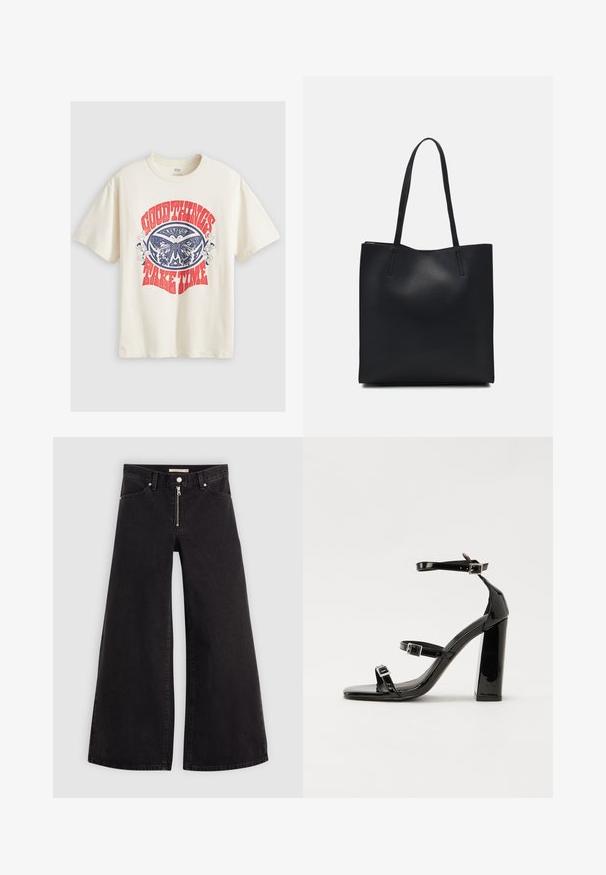 Krémové bavlněné tričko s velkým modro-červeným grafickým motivem a textem "DOBRÉ VĚCI TRVAJÍ" a designem motýla.; Džíny s širokými nohavicemi v černém denimovém provedení se zipem vpředu, pěti kapsami a jemnými švy. Hladká textura a ležérní styl.; Černé lakované sandály na podpatku se čtveratou špičkou, lýtkovými pásky a stříbrnými přezkami. Disponují masivním blokovým podpatkem pro stabilitu.; Černá kožená taška přes rameno s hladkým povrchem, obdélníkovým tvarem a dvěma dlouhými uchy. Žádné viditelné kování ani ozdoby.