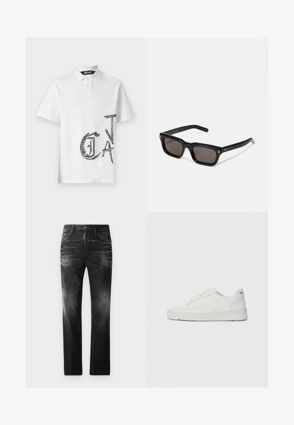 Witte polo gemaakt van katoen met een gestructureerde kraag. Bevat een grote zwarte grafische tekstontwerp op de voorkant. Eenvoudige, klassieke snit.; Zwarte denim jeans met een rechte pasvorm. Beschikt over vervaagde gebieden, lichte slijtage, klassiek vijf-pocket ontwerp en een knoopsluiting.; Witte leren sneaker met een gladde afwerking, ronde neus, platte veters en een gestructureerde zool. Kenmerkt zich door een subtiel logo op de hiel.; Zwarte rechthoekige zonnebril met donkere lenzen, een dik plastic montuur, gouden accenten op de veren en het merkembleem gegraveerd op de arm.