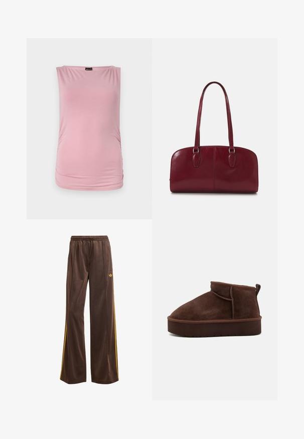 Rózsaszín, ujjatlan felső puha, rugalmas anyagból. Kerek nyakkivágással és redőzött oldalakkal rendelkezik, ami kiemeli az alakot.; Barna sportnadrág, laza szabással, sárga oldalsávokkal és rugalmas derékrésszel. Simább, könnyű anyagból készült.; Barna velúr bokacsizma lekerekített orral, puha tapintással és vastag talppal. Finom varrási részletekkel és hátsó húzófüllel rendelkezik.; Zign LEATHER - Kézitáska - dark red