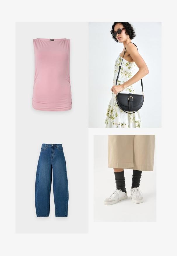 Rožinė be rankovių palaidinė, pagaminta iš minkštos, elastingos medžiagos. Turi apvalų iškirpimą ir surinktus šonus, suteikiančius prigludusį siluetą.; Deniminės džinsai vidutinio mėlynumo atspalviu, su aukštu liemeniu, plačiais kojų kirpimais ir standartiniu penkių kišenių dizainu, pasižyminčiu matomais siuvimo detalėmis.; Balti ir pilki sportbačiai su juodu kulno akcentu, kurių viršus pagamintas iš lygaus odos, o pirštai padengti tekstūruotu zomšiniu paviršiumi. Dėvimi su tamsiai pilkomis, laisvai krentančiomis kojinėmis.; Juodas odinis krepšys su išlenkta forma, nuimamu dirželiu ir auksiniais detalėmis. Krepšys turi kilpą su sagtimi.