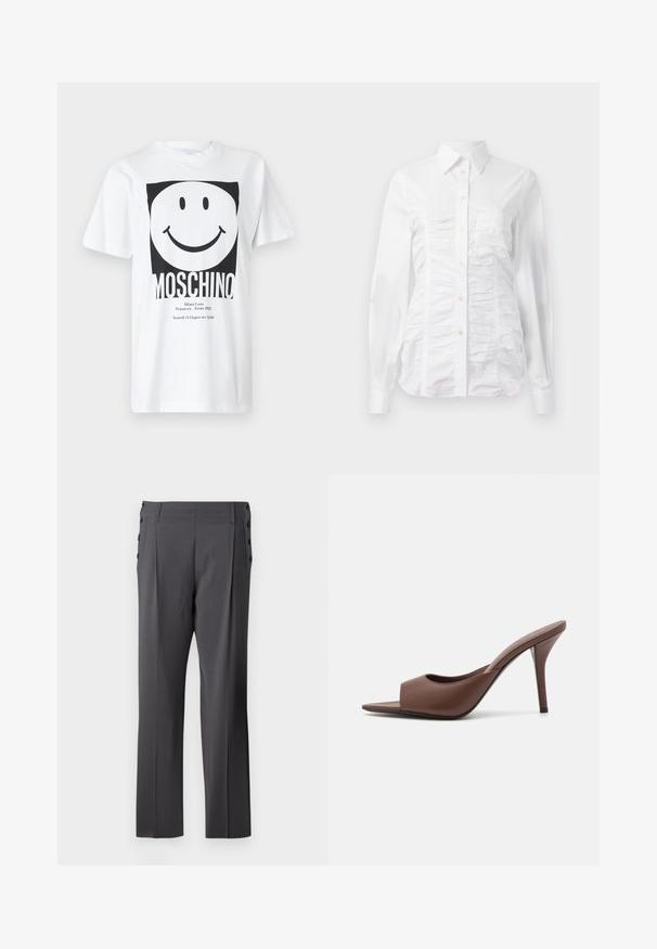 Witte katoenen T-shirt met een grote zwarte smiley-afbeelding, vetgedrukte "MOSCHINO" tekst onderaan en extra zwarte tekstdetails.; Witte button-up blouse met lange mouwen, voorzien van een gerimpelde textuur aan de voorkant, kleine gouden knopen en een standaard kraag.; Grijze op maat gemaakte broek met een recht gesneden ontwerp, voorplooien en decoratieve zijknopen voor extra detail. Vriendelijke stoftextuur.; Bruine leren open-teen hoge hak muiltjes met een slank ontwerp, voorzien van een brede voorkruistrap en een slanke stiletto hiel.