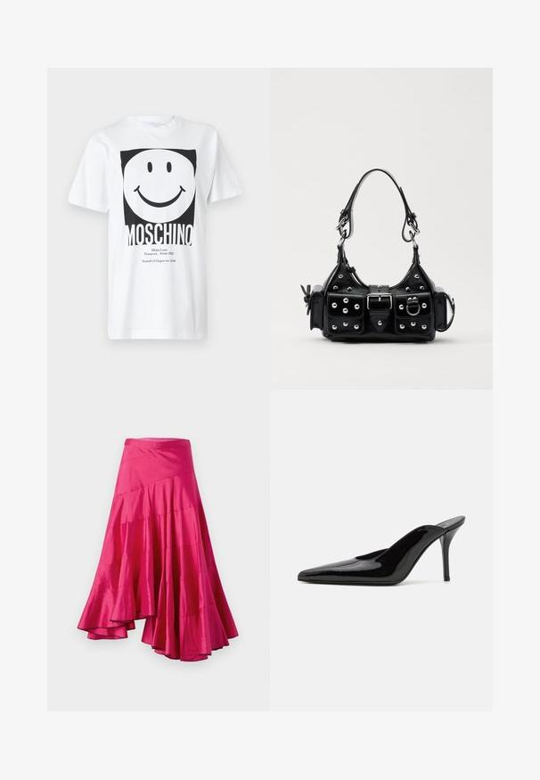 Hvid bomulds T-shirt med et sort firkantet grafik med et smilende ansigt og teksten "MOSCHINO" nederst. Korte ærmer, rund hals.; Magenta satin nederdel med en udflydende kant, der har lagdelte paneler og et asymmetrisk design. Glat tekstur og midilængde.; Sorte lakerede højhælede mulesko med spids tå og en slank silhuet, der har åben hæl og en slank stilettohæl.; Sort læderhåndtaske med et buet design, prydet med sølvfarvede nitter, en spænde og to sidelommer. Justerbar rem til forskellige bære muligheder.