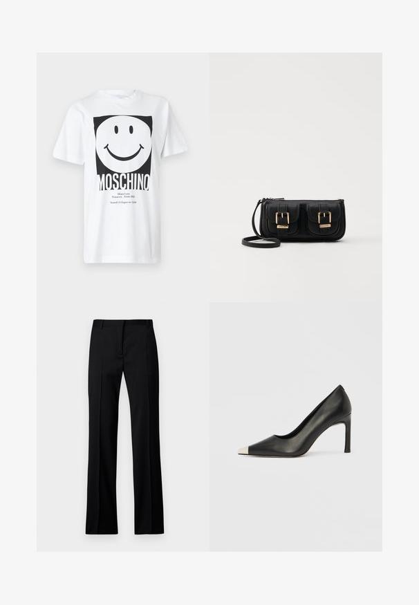 White cotton t-shirt featuring a large black smiley face graphic, bold "MOSCHINO" text at the bottom, and additional black text details.; Black straight-leg trousers in smooth fabric, featuring a flat front, belt loops, and no visible pockets or embellishments.; Black leather high heel shoe with a pointed toe and a metallic silver cap. Features a smooth finish and a slender 10 cm heel.; Black leather crossbody bag with two front pockets, gold buckles, zipper closure, and a slim strap. Textured surface and compact rectangular shape.