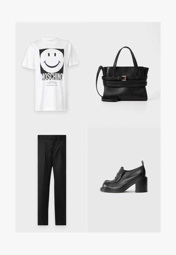 Camiseta de algodón blanca con un gráfico cuadrado negro que muestra una cara sonriente y el texto "MOSCHINO" en la parte inferior. Manga corta, cuello redondo.; Pantalones negros con una tela suave, diseño ajustado, piernas rectas y una cinturilla plana sin cierres ni bolsillos visibles.; Zapatos de tacón de cuero negro con punta redonda, una banda prominente en el empeine y un diseño de tacón grueso. Textura suave con costuras mínimas.; Bolso de mano de cuero negro con diseño estructurado, asas superiores dobles, correa desmontable y un acento de hebilla dorada en una banda horizontal.