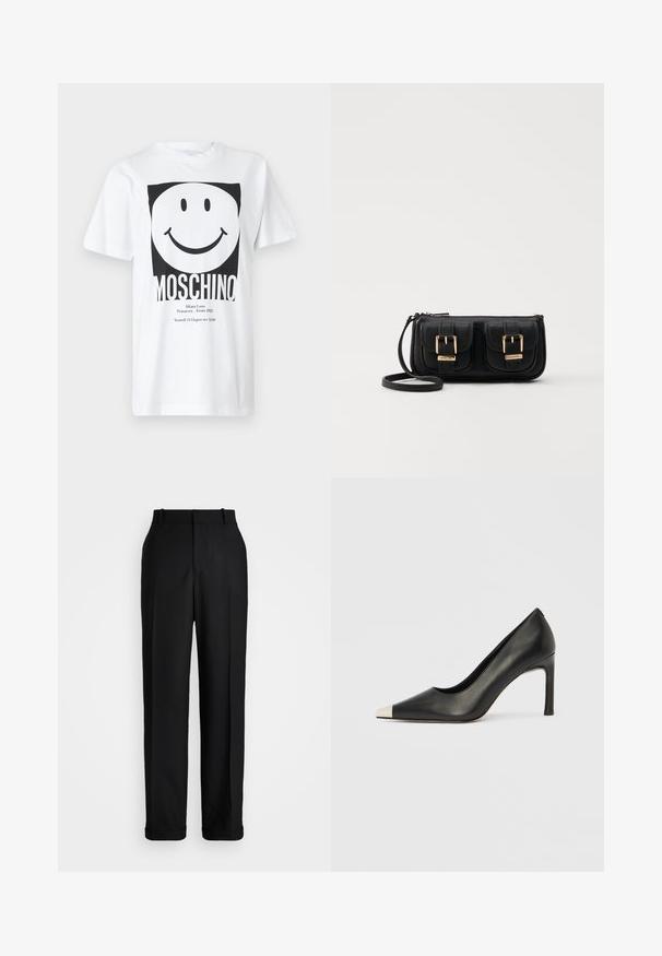 White cotton T-shirt featuring a black square graphic with a smiling face and the text "MOSCHINO" at the bottom. Short sleeves, crew neck.; Polo Ralph Lauren HIGH RISE RELAXED STRAIGHT TROUSER - Trousers - black; Black leather high heel shoe with a pointed toe and a metallic silver cap. Features a smooth finish and a slender 10 cm heel.; Black leather crossbody bag with two front pockets, gold buckles, zipper closure, and a slim strap. Textured surface and compact rectangular shape.