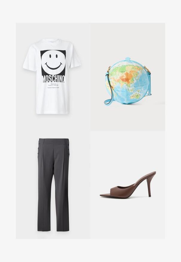 Hvid bomulds-t-shirt med stort sort smiley-motiv, fed "MOSCHINO"-tekst nederst og yderligere sorte tekstdetaljer.; Grå skræddersyede bukser med lige ben, frontfolder og dekorative sidelommer for ekstra detalje. Glat stofstruktur.; Brune læder open-toe højhælede mules med et slankt design, der har en bred frontrem og en slank stiletto-hæl.; Rund skuldertaske, der ligner en globus, med en lyseblå bund og detaljeret kort i grønne, orange og blå nuancer; med gulddetaljer.