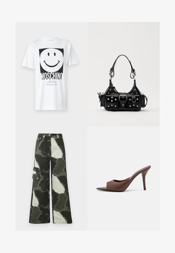 Camiseta de algodón blanca con un gráfico cuadrado negro que muestra una cara sonriente y el texto "MOSCHINO" en la parte inferior. Manga corta, cuello redondo.; Pantalones cargo de pierna ancha en un patrón de camuflaje gris claro y verde oscuro. Presentan un bolsillo lateral y un botón de metal, fabricados en un material de algodón duradero.; Mules de tacón alto destalonados de cuero marrón con un diseño elegante, que cuentan con una amplia banda frontal y un tacón de aguja esbelto.; Bolso de mano de cuero negro con un diseño curvado, que cuenta con tachuelas plateadas, una hebilla y dos bolsillos laterales. Correa ajustable para opciones de transporte.
