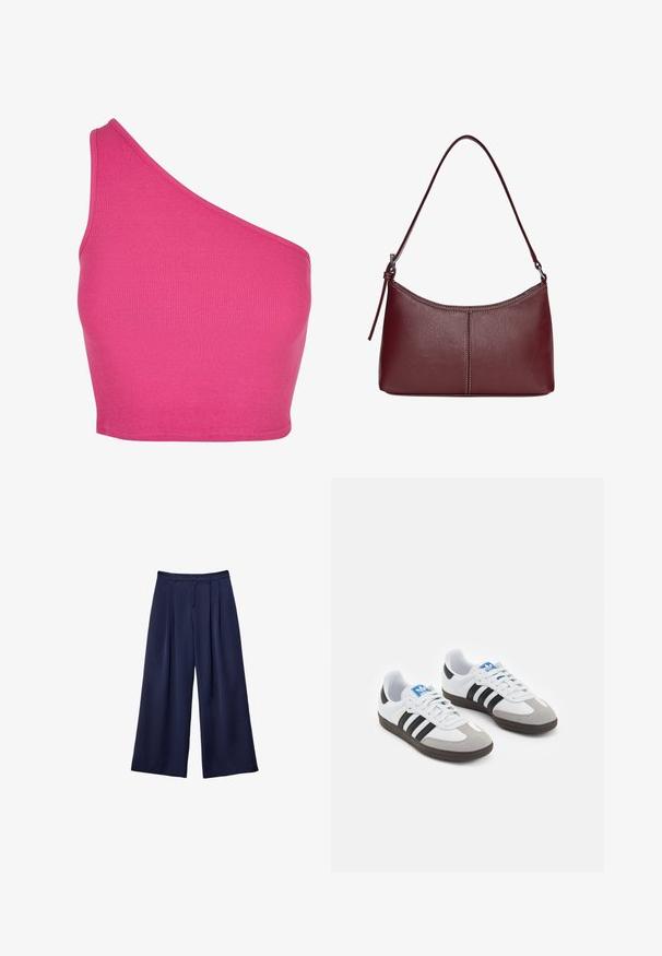 Asimetrična skrajšana majica iz svetlo roza rebraste tkanine, ki ima enostranski dizajn in gladke obrobe.; Mornarsko modri široki hlače z naborki, gumbi v pasu in zankami za pas, prikazane na ravni beli ozadju.; Športni čevlji z belim usnjenim zgornjim delom, sivim semišem na prstih in tremi črnimi črtami. Imajo modro logo na jeziku in teksturiran gumijast podplat.; Bordo usnjeni ročni torbici s ukrivljeno obliko, enim ramenskim trakom in šivanjem na sredini. Gladka tekstura, minimum kovinskih dodatkov.