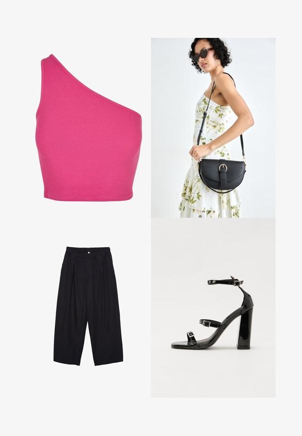 Asymmetrisk cropped top i lys pink ribbet stof med design med én skulder og glatte kantdetaljer.; Sorte polyester culotte bukser med elastisk talje, to forpiber og en løs silhuet. Ingen synlige mønstre eller hardware detaljer.; Sorte patenterede hælsandaler med firkantet tå, ankelremme og sølvspænder. Har en chunky blokHæl for stabilitet.; Sort læderhåndtaske med en buet form, aftagelig rem og guldfinish. Tasken har en klap med en spænde detalje.