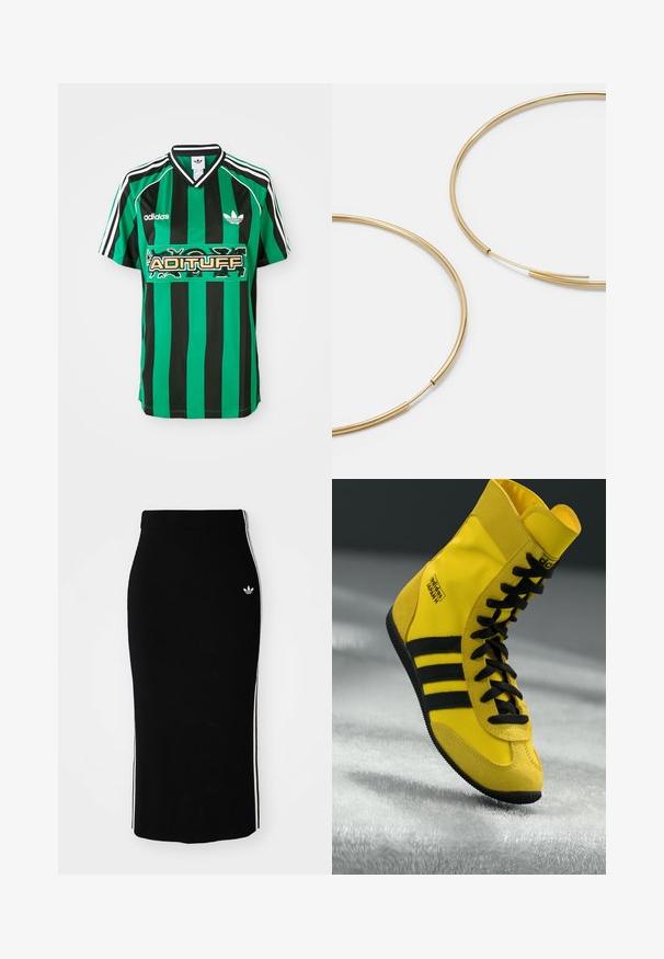 Žaliai juostuota juodos spalvos maikutė, pagaminta iš lengvos medžiagos, su V formos iškirpte, trumpomis rankovėmis ir "ADITUFF" logotipu viduryje.; Juoda vagota midi sijonas su prigludusia dizaine, su baltomis šoninėmis juostelėmis ir mažu baltu emblema kairėje pusėje.; Aukšti sportbačiai, pagaminti iš geltonos sintetinės medžiagos, su juodais raišteliais, trimis juodomis juostelėmis ir logotipu šone. Raštuota guminė padanga.; Aukso spalvos žiedo auskarai, ploni ir apvalūs, su lygiu metaliniu paviršiumi be papuošimų ar raštų.
