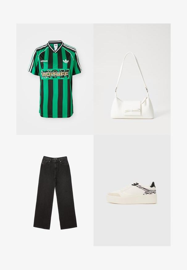 Zeleno-črna črtasta majica iz lahkega materiala, z V-izrezom, kratkimi rokavi in logotipom "ADITUFF" na sredini.; Črne široke jeans hlače iz denima, z majhnimi pikčastimi vzorci, klasičnim petim žepom ter z gumbom in zadrgo za zapiranje.; Even&Odd Športni copati - white/black; Bela sintetična torbica v obliki trikotnika, z ravnim sprednjim poklopcem in detajlom mašne, nastavljivim trakom, gladko teksturo in minimalističnim dizajnom.