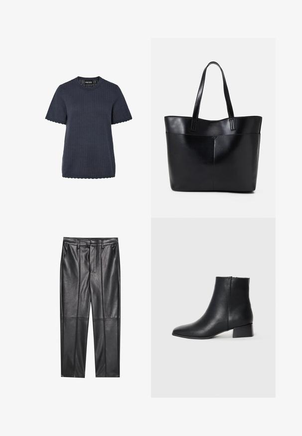 Tumši zila īsām piedurknēm blūze ar teksturētu rakstu, apaļu kakla izgriezumu un viļņotu apakšu. Izgatavota no viegla auduma, piemērota ikdienas valkāšanai.; Melni ādas bikses ar gludu tekstūru, taisnas piegriezuma, divi priekšējie kabatas un redzami šuvju izstrādājumi.; Melnas ādas potīšu zābaki ar norādītu pirkstu un zemu blokveida papēdi, ar gludu tekstūru un minimālistisku dizainu.; Melnas ādas iepirkumu soma ar divām garām rokturām, gludu tekstūru un strukturētu formu. Iekļauj priekšējo kabatu papildu uzglabāšanai.