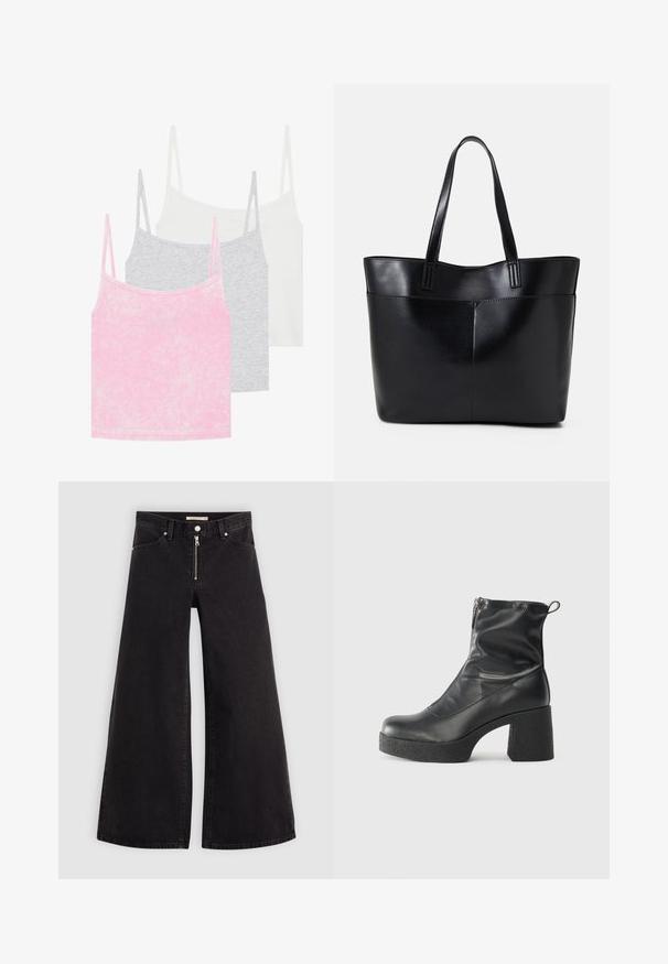 Három darabból álló atlétatrikó szett rózsaszín, szürke és fehér színben. Ráncolt anyagból készült, vékony pántokkal. Minden top kerek nyakkivágással rendelkezik.; Fekete denim széles szárú farmer, cipzáros elejével, öt zsebes kialakítással és diszkrét varrással. Sima textúra és laza stílus.; Fekete bokacsizmák sima bőrből, oldalsó cipzárral, vastag, texturált sarkú és lekerekített orrú dizájnnal.; Fekete bőr bevásárlótáska két hosszú fogantyúval, sima felülettel és strukturált formával. Elülső zseb található rajta a plusz tárolás érdekében.