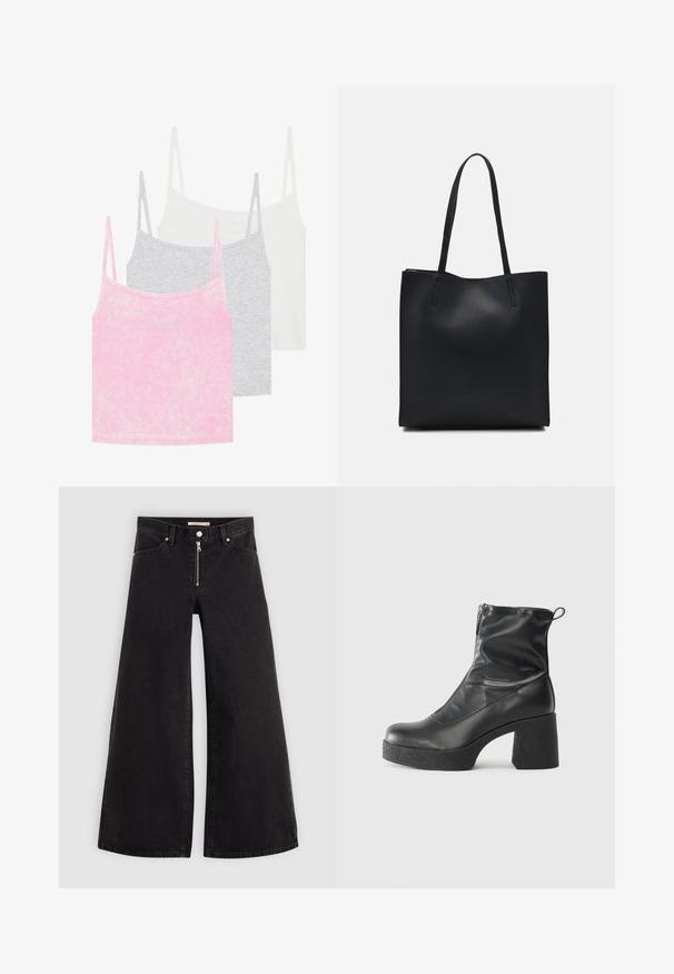 Trīs kamzolu tops komplekts rozā, pelēkā un baltā krāsā. Izgatavoti no ribotā auduma ar plānām siksniņām. Katrai blūzei ir apaļa kakla izgriezuma forma.; Platas kājas džinsi melnā džinsa audumā ar rāvējslēdzēju priekšā, piecu kabatu dizains un smalkas šuvju detaļas. Gluda tekstūra un ikdienišķs stils.; Melni potītes zābaki, kas izgatavoti no gludas ādas, ar sānu rāvējslēdzēju, masīvu strukturētu papēdi un noapaļotu purngalu.; Melnas ādas somiņa ar gludu tekstūru, taisnstūra formu un divām garām rokturiem. Nav redzamu aparatūras vai rotājumu.