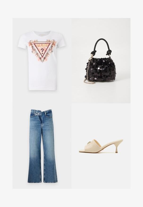 White cotton t-shirt featuring a triangular graphic design with floral accents and rhinestone embellishments. "Guess U.S.A." logo displayed prominently.; Light blue denim flared jeans with a high waist, featuring two buttons and front pockets. Fabric has a faded texture with subtle variations.; Beige patent leather open-toe mule sandal with a low stiletto heel. Features a central decorative accent on the upper. Smooth, glossy finish.; Black sequin mini handbag with a knotted textured strap and silver chain. Rounded shape with gathered top and reflective detailing.