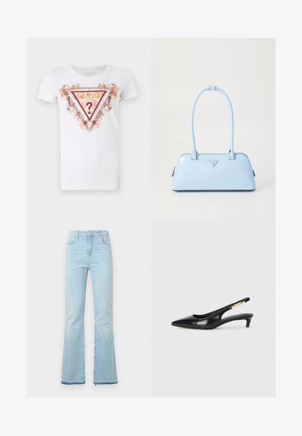 Hvit bomull t-skjorte med et trekantet grafisk design med blomsterdetaljer og rhinestones. "Guess U.S.A." logoen er vist fremtredende.; Lyseblå flagrende jeans laget av denim, med høy midje, frontlommer og rå kant ved mansjettene for et uformelt utseende.; Sorte lærreim hæler med spiss tå, som har en slank hæl og en gullfarget detalj på den justerbare stroppen. Glatt tekstur.; Lyseblå veske med strukturert form, glatt skinnmateriale, to håndtak og en trekantet merkevarelogo på fronten. Glidelås-lukking.