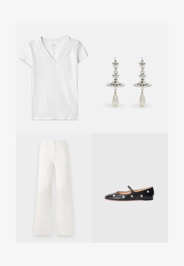 Tricou alb cu mânecă scurtă și decolteu în V, din bumbac, având un detaliu subtil embosat „Armani Exchange” pe guler.; Jeans albe, cu talie înaltă și croială largă, realizate din denim. Dispun de închidere cu buton, două buzunare frontale și cusături detaliate pe laterale.; Pantofii Mary Jane din piele neagră, cu vârful rotund, decorati cu nasturi circulari argintii și o curea ajustabilă cu cataramă.; Cercei din argint cu un cerc circular, împodobiți cu pietre strălucitoare și un pandantiv din perlă în formă de lacrimă. Design distinctiv cu accente complicate.