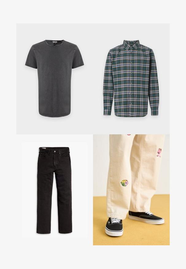 Pelēks īsām piedurknēm T-krekls ar apaļu kaklu, izgatavots no mīksta auduma, ar nedaudz izliekta apakšmalu un redzamām šuvēm.; Zaļš flaneļa krekls ar ietērpu, kurā ir zila, balta un sinepju dzeltena krāsa. Ar pogām aizdaram un uzgaļotām apkaklēm. Garas piedurknes.; Melnas taisnās kājas džinsu bikses ar piecām kabatām, pogu aizdari un jostas cilpām, izliktas uz balta fona.; Beige kokvilnas bikses ar rotaļīgiem izšūtiem dizainiem, tostarp rozā raksturs un krāsains bloks, saskaņotas ar melniem kurpēm ar auklām.