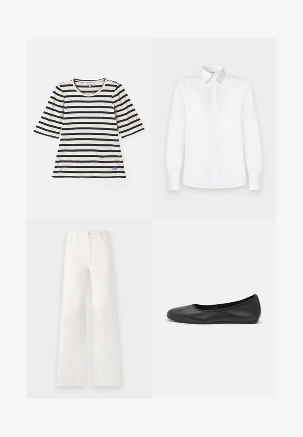 Raidallinen t-paita luonnonvalkoisena ja tummansinisenä, jossa on lyhyet hihat, ribattoitu pinta, pyöreä kaula-aukko ja pieni sininen logoyksityiskohta helman lähellä.; Valkoinen pitkähihaisessa paidassa on sileä kangas, kauluspäällinen ja nappilista, jossa on vaaleanpunaiset napit.; Valkoiset, korkeavyötäröiset ja leveälahkeiset farkut, jotka on valmistettu denimkankaasta. Ominaisuuksiin kuuluu napp closure, kaksi etutaskua ja sivusaumojen ompeluyksityiskohdat.; Musta nahkainen ballerina, jossa on pyöristetty kärki, sileä pinta, minimaalinen ommelkoristelu ja joustava pohjamuotoilu.