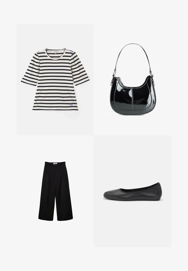 Pasiasta koszulka w kolorze kremowym i granatowym, z krótkimi rękawami, żeberkową strukturą, okrągłym dekoltem oraz małym niebieskim logo przy dolnym końcu.; Czarne spodnie szerokie nogawki z wysokim stanem, z plisowanym przodem i zapięciem na guzik. Wykonane z gładkiego materiału o dopasowanym kroju.; Czarne skórzane baletki z zaokrąglonym noskiem, gładką fakturą, minimalnymi przeszyciami i elastycznym designem podeszwy.; Czarna torebka z lakierowanej skóry o zaokrąglonym kształcie, zamykana na zamek, z pojedynczym paskiem na ramię, ozdobiona srebrnymi elementami i akcentami w szwie.